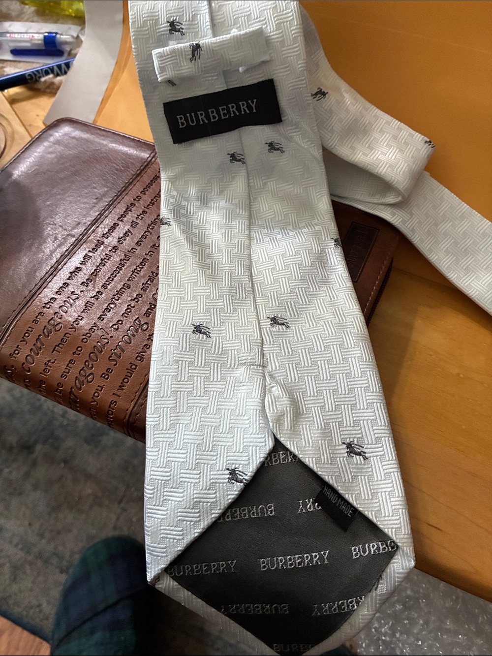 Burberry White Woven Pattern Men's Tie with Small Motif